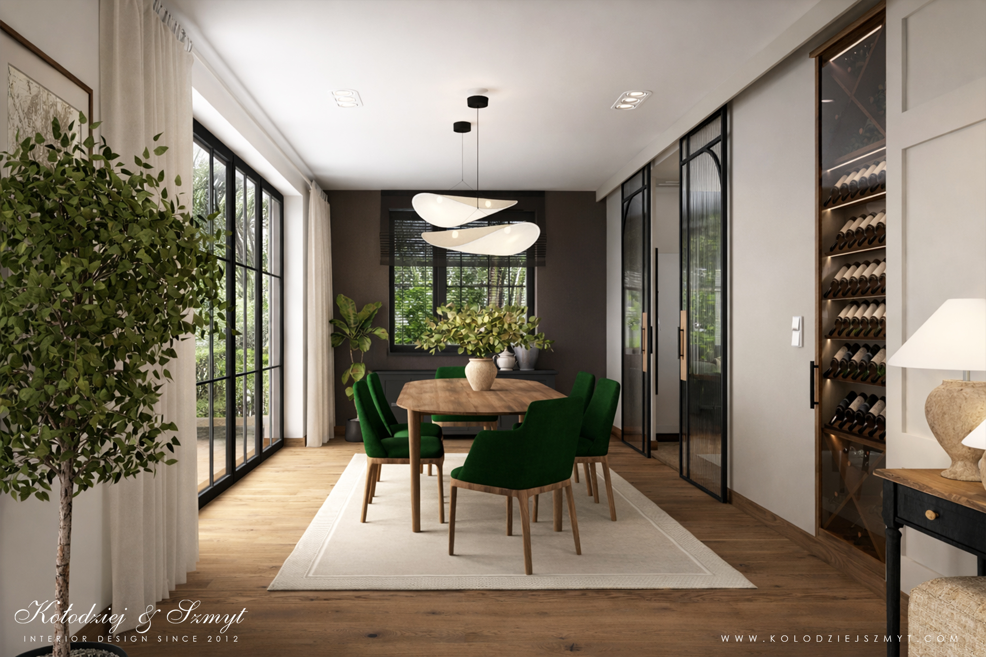 Spójna aranżacja salonu i jadalni w stylu modern farmhouse, projekt wnętrz Laski, naturalne drewno i kamień